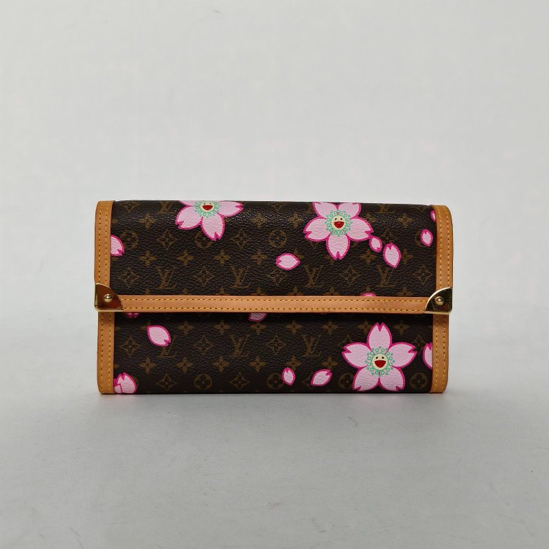 LOUIS VUITTON 老花PVC2003中古村上隆聯名櫻花長款錢包肩背包-0
