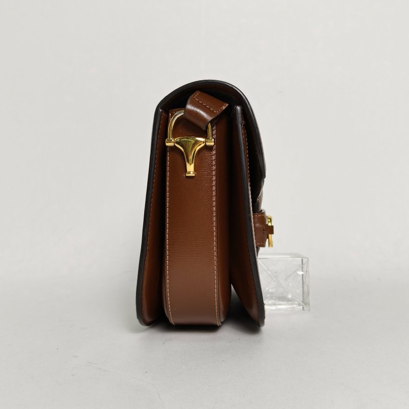 GUCCI Horsebit馬銜扣1955馬鞍包小號25棕色PVC金扣肩背包-3