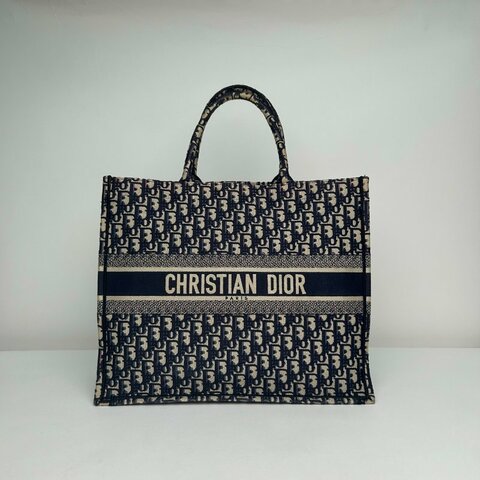DIOR BookTote大號42藍色帆布無2019Oblique印花字母刺繡肩背包