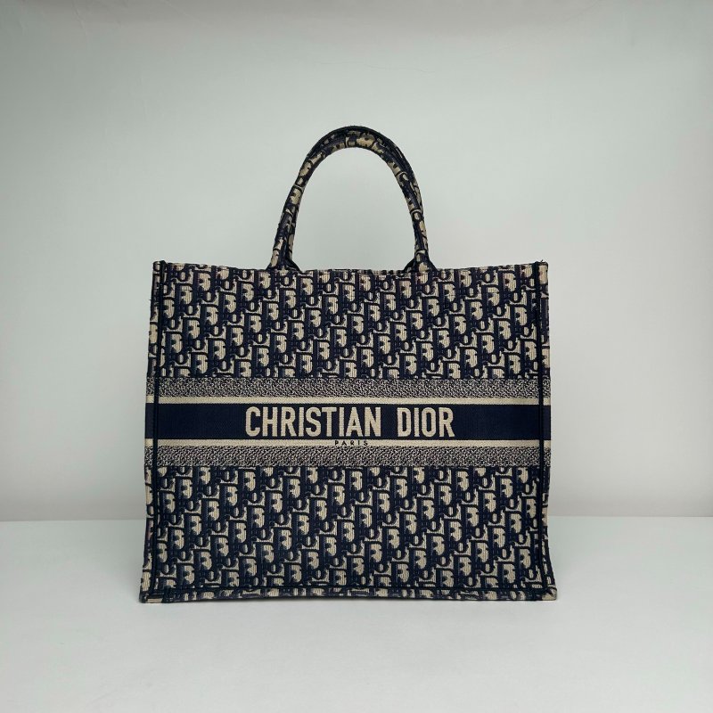 DIOR BookTote大號42藍色帆布無2019Oblique印花字母刺繡肩背包-0