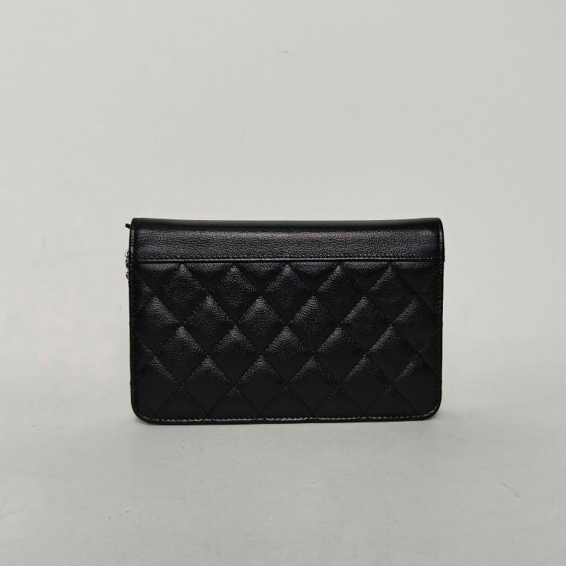 CHANEL 黑色牛皮27開銀扣COCOCUBA古巴系列光面拼菱格紋WOC肩背包-2