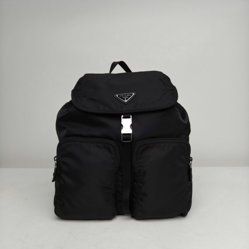 PRADA 黑色尼龍Saffiano系列Saffiano雙口袋翻蓋抽繩雙肩包肩背包-0