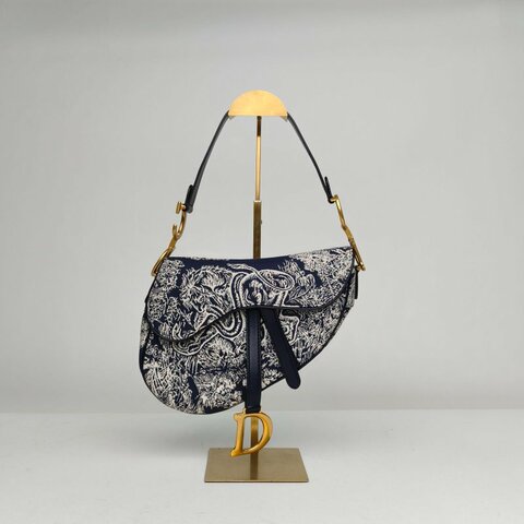 DIOR 藍色帆布金扣2021SADDLE馬鞍中號25.5無肩帶動物園肩背包