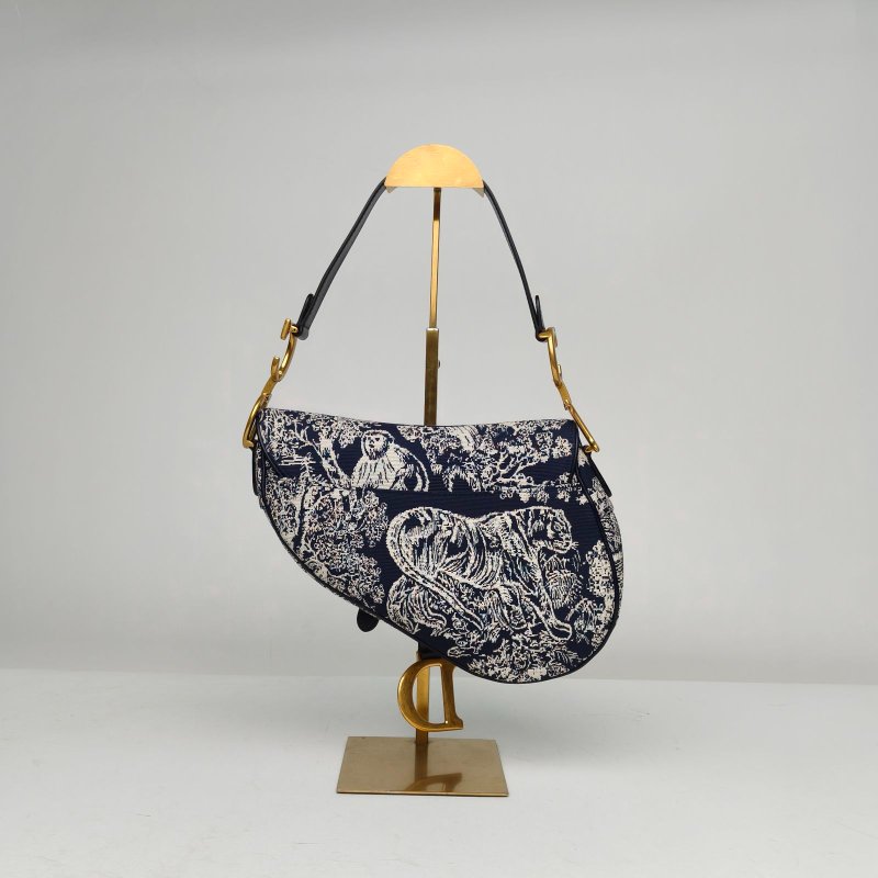 DIOR 藍色帆布金扣2021SADDLE馬鞍中號25.5無肩帶動物園肩背包-2