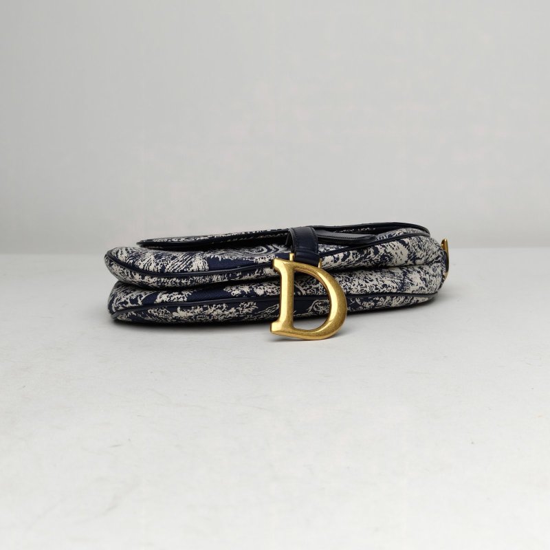 DIOR 藍色帆布金扣2021SADDLE馬鞍中號25.5無肩帶動物園肩背包-4