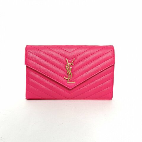 SAINT LAURENT CASSANDRAWOC人字紋信封鏈條包玫紅牛皮金扣22.5肩背包