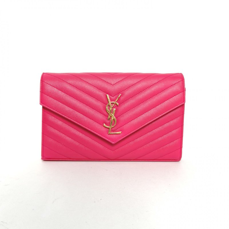 SAINT LAURENT CASSANDRAWOC人字紋信封鏈條包玫紅牛皮金扣22.5肩背包-0