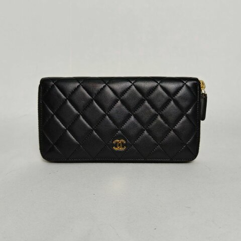 CHANEL 黑色羊皮19開金扣長款錢包肩背包
