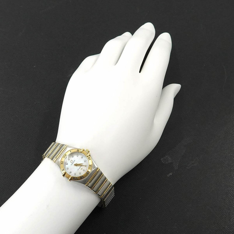 歐米茄星座系列迷你雙色1262 75女錶，鑲嵌12顆鑽石，白色錶殼，黃金石英機芯-2