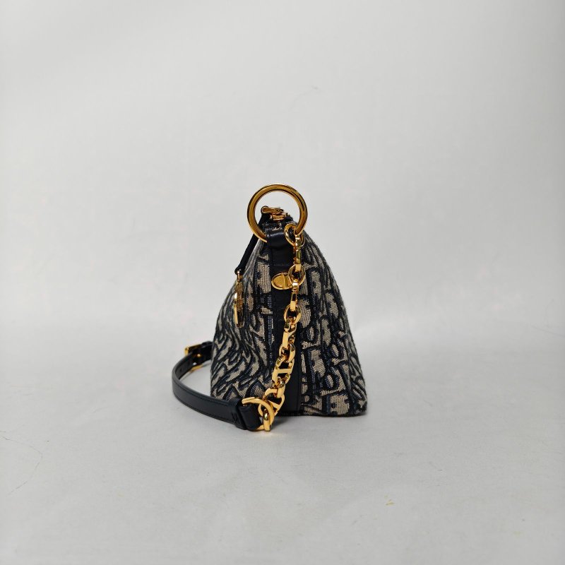 DIOR DiorstarHobo鏈條手袋藍色帆布金扣2024肩背包-3