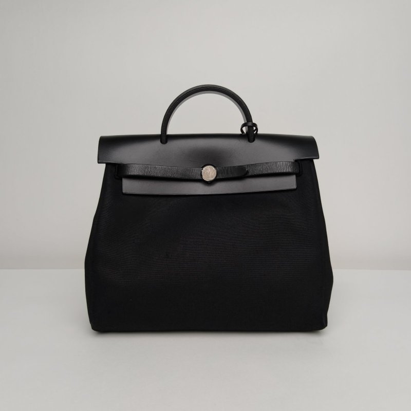 HERMES 89黑色帆布Hunter牛皮框G銀扣中古herbag31雙肩包配替換袋/肩背包-0