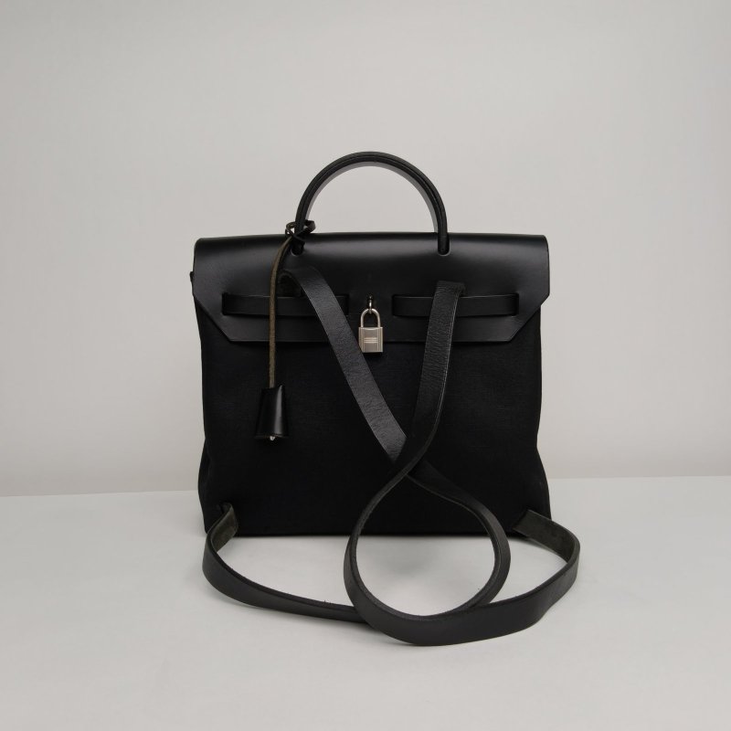 HERMES 89黑色帆布Hunter牛皮框G銀扣中古herbag31雙肩包配替換袋/肩背包-2