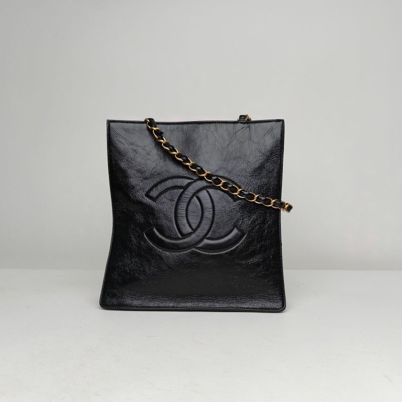 CHANEL 黑色牛皮30開金扣大雙C手提單肩琴譜包托特包肩背包-0