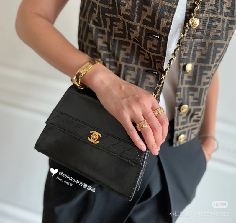 Chanel 香奈兒 Vintage trapezoid 梯型 黑金 雕花鍊 斜背包 肩背包 側背包 鍊條包-12