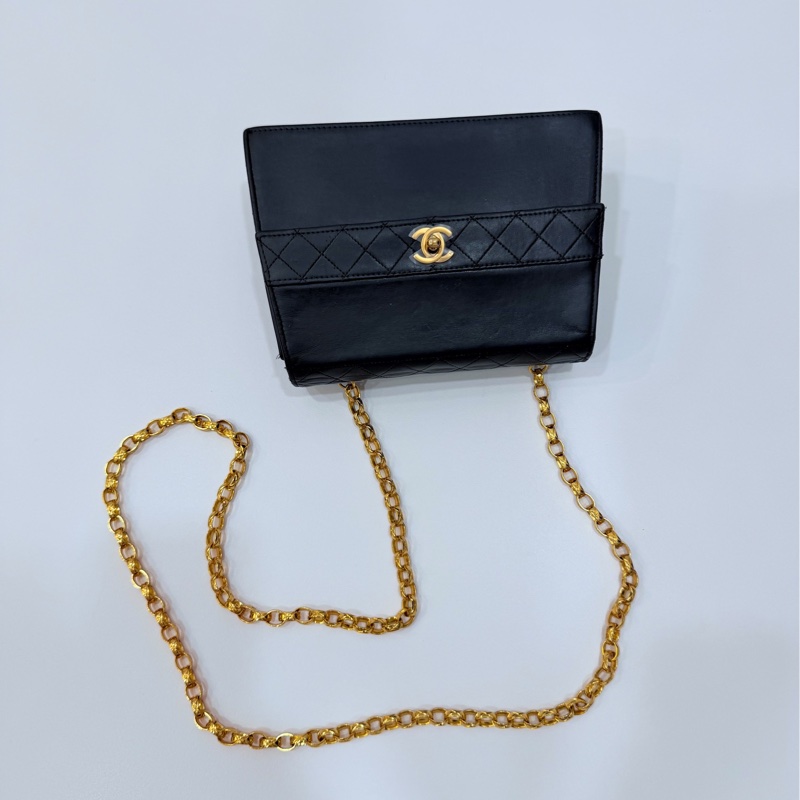 Chanel 香奈兒 Vintage trapezoid 梯型 黑金 雕花鍊 斜背包 肩背包 側背包 鍊條包-13