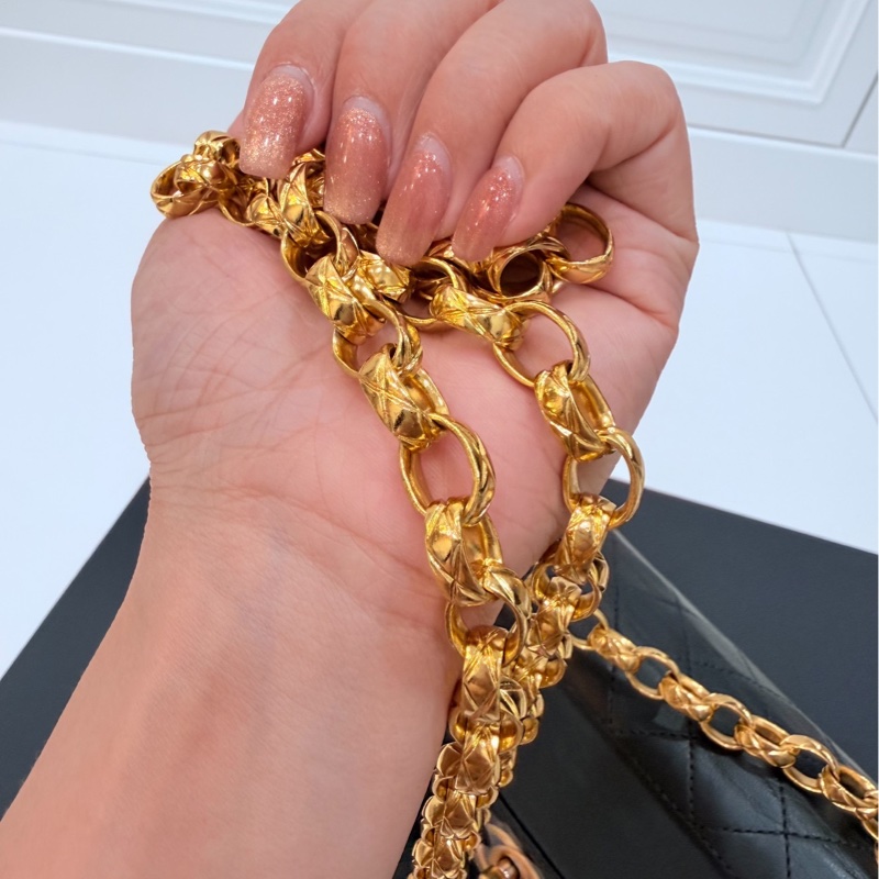 Chanel 香奈兒 Vintage trapezoid 梯型 黑金 雕花鍊 斜背包 肩背包 側背包 鍊條包-24
