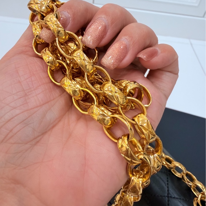 Chanel 香奈兒 Vintage trapezoid 梯型 黑金 雕花鍊 斜背包 肩背包 側背包 鍊條包-25