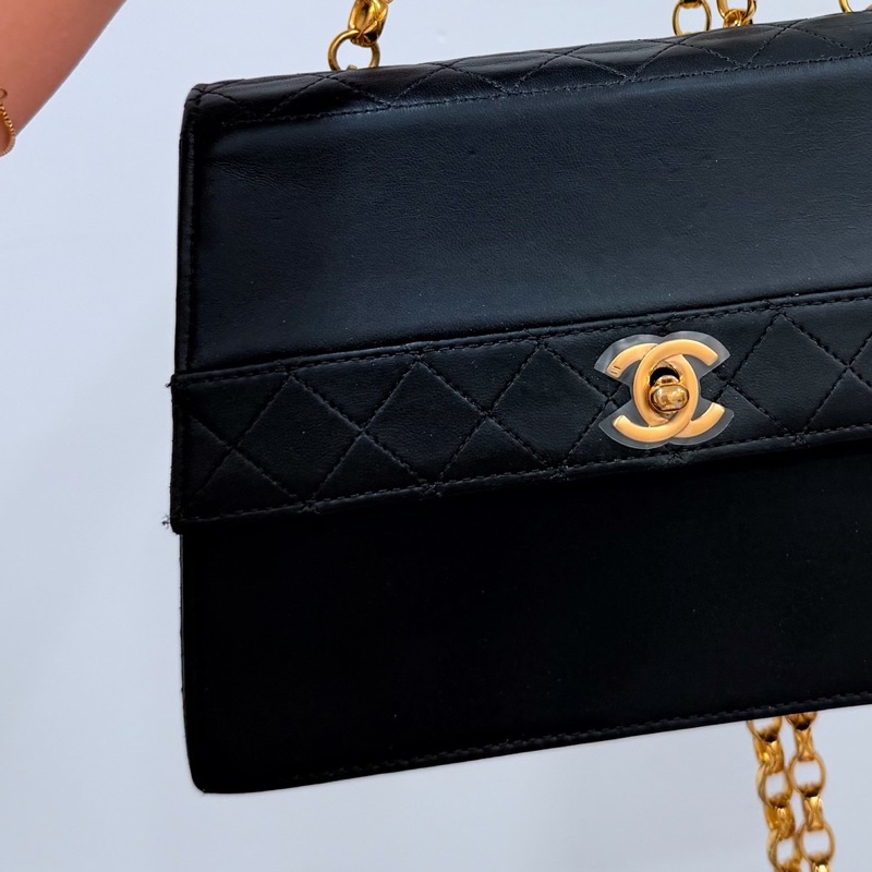 Chanel 香奈兒 Vintage trapezoid 梯型 黑金 雕花鍊 斜背包 肩背包 側背包 鍊條包-32