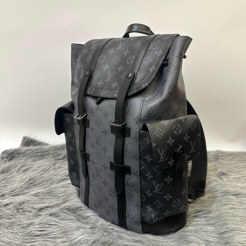 LV 黑灰原花銀釦雙側口袋Christopher MM束口下蓋後背包M45419-3