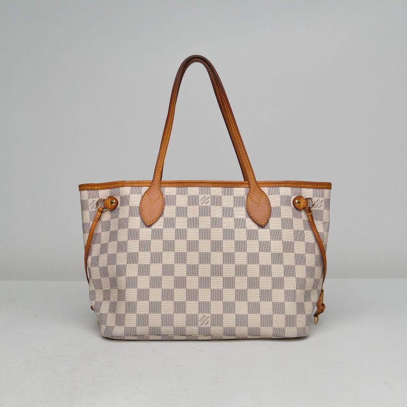 LOUIS VUITTON Neverfull小號29配子袋白棋格PVC金扣2015肩背包-2