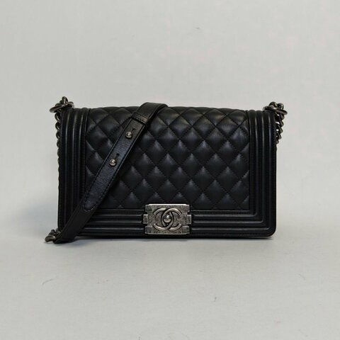 CHANEL Leboy中號25黑色牛皮20開銀扣菱格紋肩背包