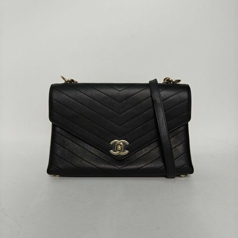 CHANEL 黑色牛皮26開淺金扣CF口蓋包季節款風琴包V紋鏈條包肩背包