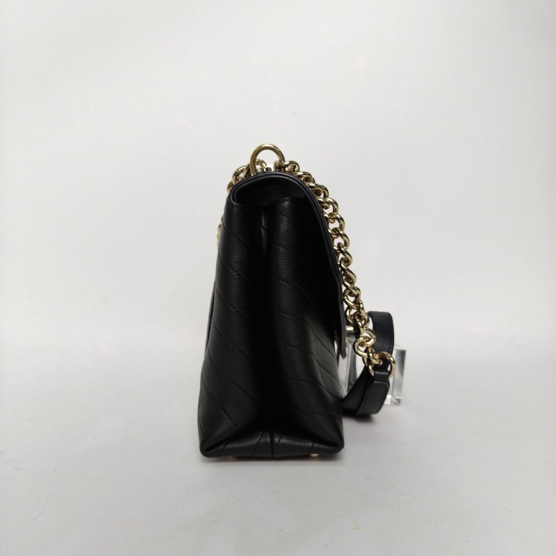 CHANEL 黑色牛皮26開淺金扣CF口蓋包季節款風琴包V紋鏈條包肩背包-1