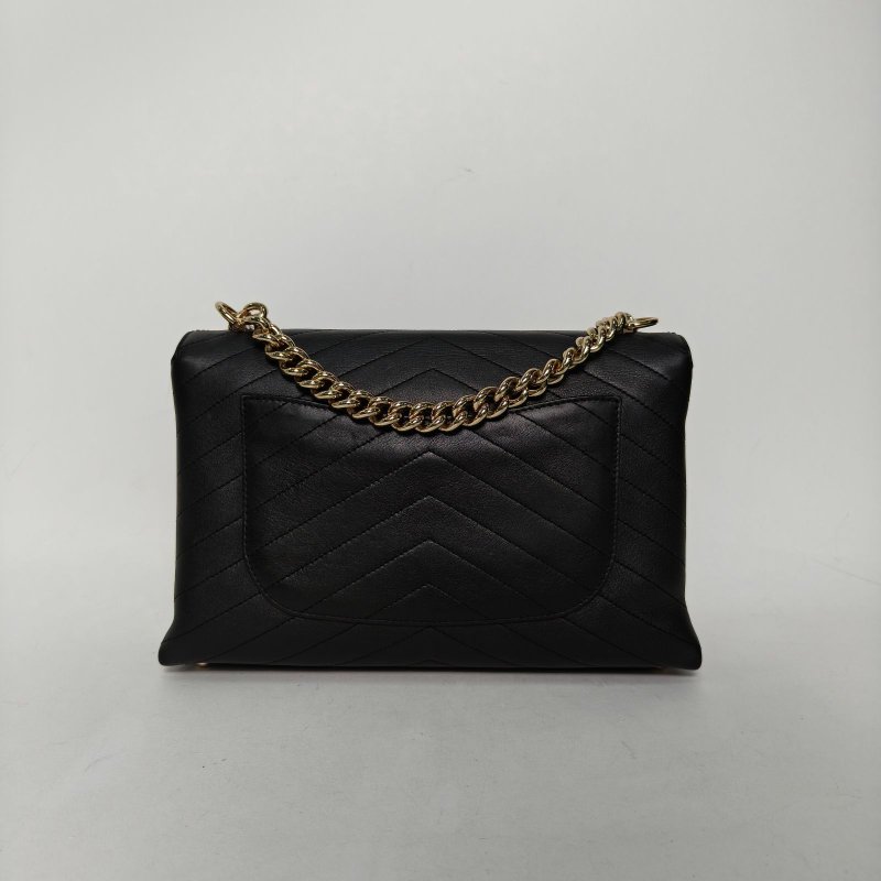 CHANEL 黑色牛皮26開淺金扣CF口蓋包季節款風琴包V紋鏈條包肩背包-2