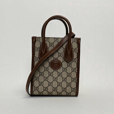 GUCCI GGRetro皮標帆布拼皮老花LOGO迷你托特包單肩斜挎包烏木色牛皮/PVC金扣肩背包