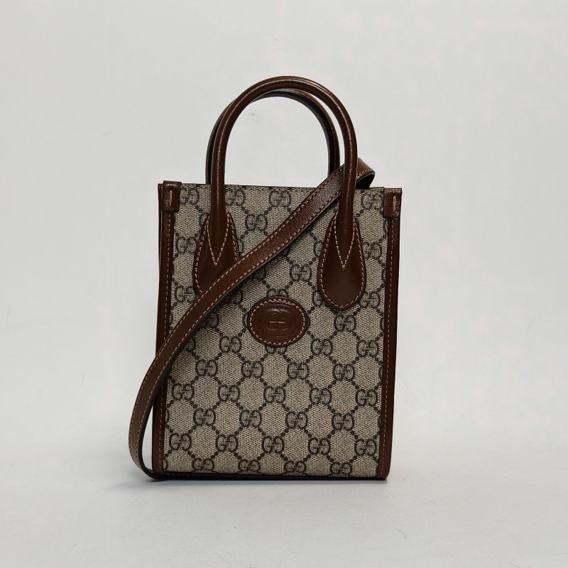 GUCCI GGRetro皮標帆布拼皮老花LOGO迷你托特包單肩斜挎包烏木色牛皮/PVC金扣肩背包-0