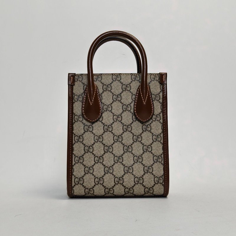 GUCCI GGRetro皮標帆布拼皮老花LOGO迷你托特包單肩斜挎包烏木色牛皮/PVC金扣肩背包-2