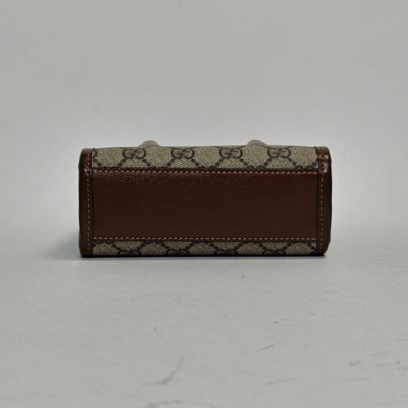 GUCCI GGRetro皮標帆布拼皮老花LOGO迷你托特包單肩斜挎包烏木色牛皮/PVC金扣肩背包-4