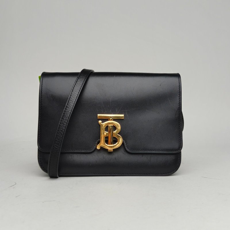 Burberry 黑色牛皮金扣TBLogo標識鎖扣單肩包肩背包-0