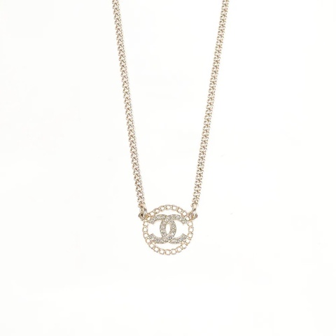 CC Logo 水鑽及圓形鏤空造型項鍊(金色)
