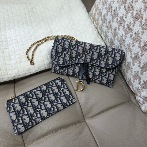 Dior 藍緹花霧金釦Saddle二合一鏈帶斜背包