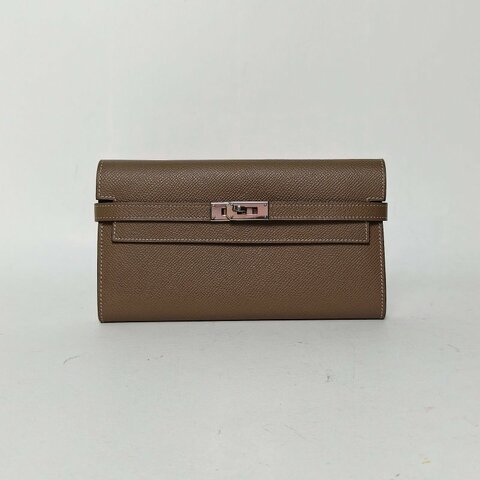 HERMES Kelly長款錢包18大象灰Epsom皮A刻銀扣肩背包