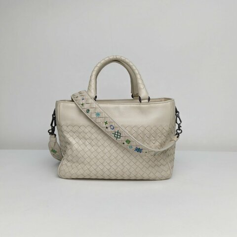 BOTTEGA VENETA 乳白色羊皮鎢鋼扣編制手提單肩包肩背包