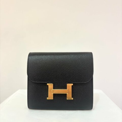 HERMES黑EP牛皮金釦 Constance 短夾