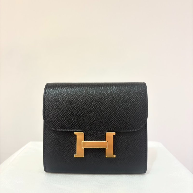 HERMES黑EP牛皮金釦 Constance 短夾-0