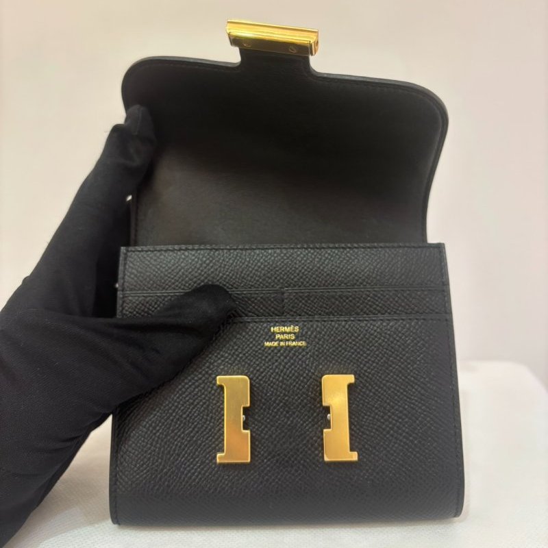 HERMES黑EP牛皮金釦 Constance 短夾-2