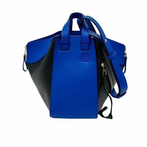 LOEWE Hammock 小號藍色牛皮吊床包單肩包手提包斜挎包 金色五金 可拆卸肩帶 9.8新