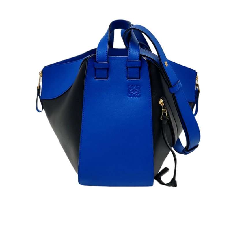 LOEWE Hammock 小號藍色牛皮吊床包單肩包手提包斜挎包 金色五金 可拆卸肩帶 9.8新-0