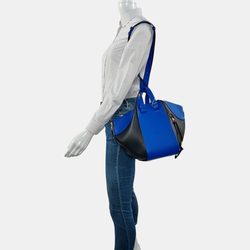 LOEWE Hammock 小號藍色牛皮吊床包單肩包手提包斜挎包 金色五金 可拆卸肩帶 9.8新-1