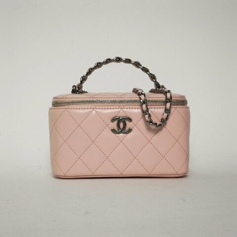 CHANEL 23KLogo手提長盒子化妝包帶鏡子16.5金屬皮穿鏈手柄粉色牛皮鐳射標銀扣肩背包