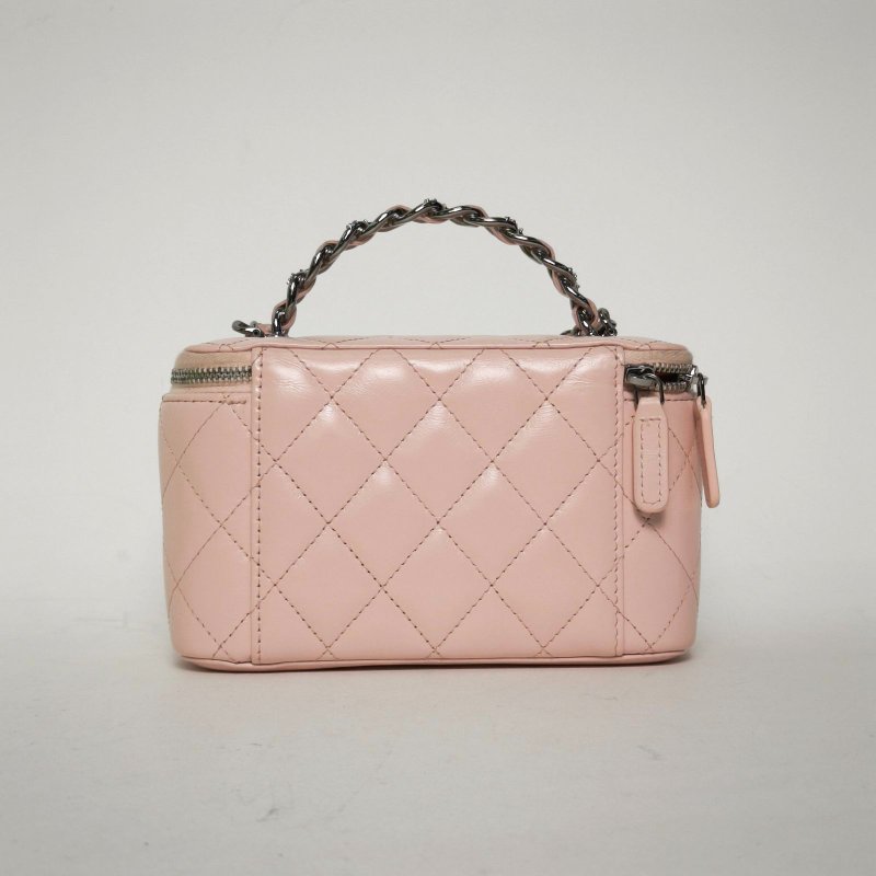 CHANEL 23KLogo手提長盒子化妝包帶鏡子16.5金屬皮穿鏈手柄粉色牛皮鐳射標銀扣肩背包-2
