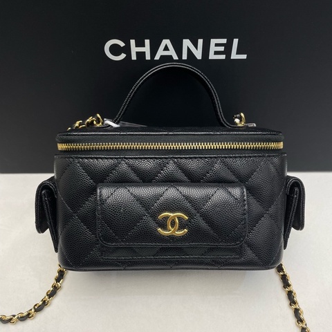 Chanel 手提長盒子化妝包 黑色金扣荔枝牛皮  芯片款