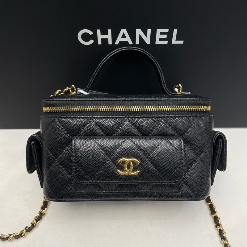 Chanel 手提長盒子化妝包 黑色金扣荔枝牛皮 芯片款-0