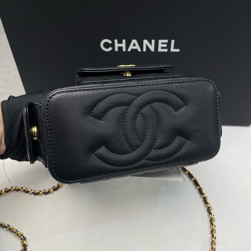 Chanel 手提長盒子化妝包 黑色金扣荔枝牛皮 芯片款-1