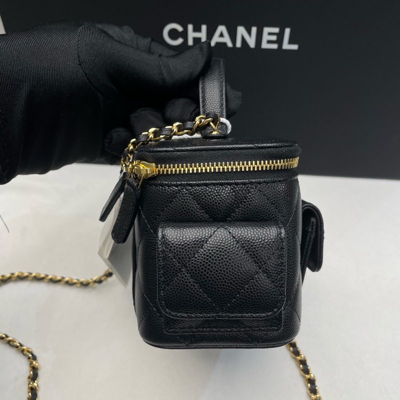 Chanel 手提長盒子化妝包 黑色金扣荔枝牛皮 芯片款-2
