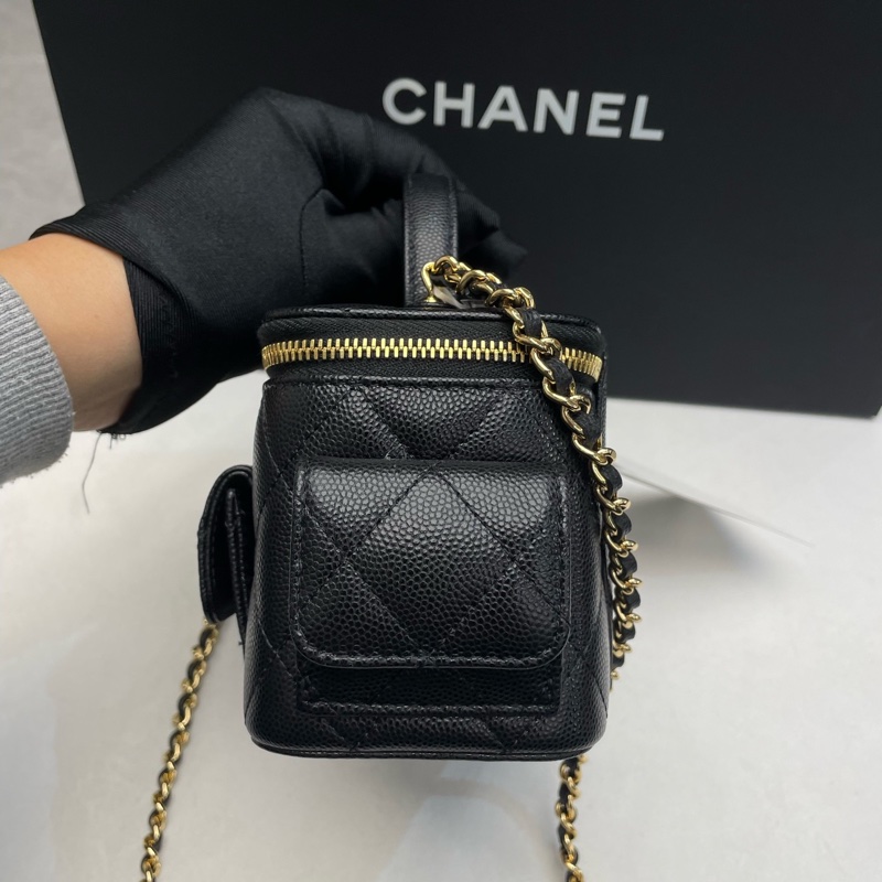 Chanel 手提長盒子化妝包 黑色金扣荔枝牛皮 芯片款-3